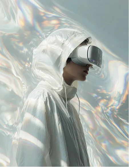 Person wearing a white hooded jacket and virtual reality headset against a shimmering abstract background.