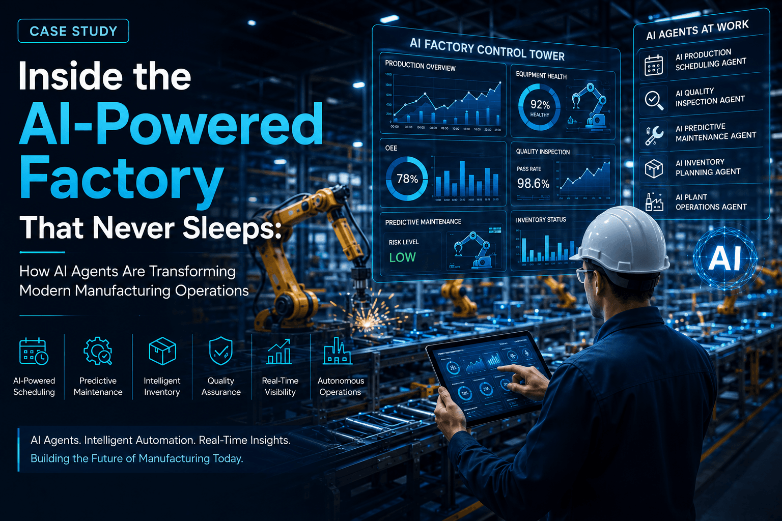 Futuristic AI-powered smart factory with robotic arms, a factory engineer monitoring digital dashboards, and AI control panels illustrating predictive maintenance, production scheduling, inventory optimization, quality inspection, and real-time manufacturing analytics for an autonomous manufacturing case study.