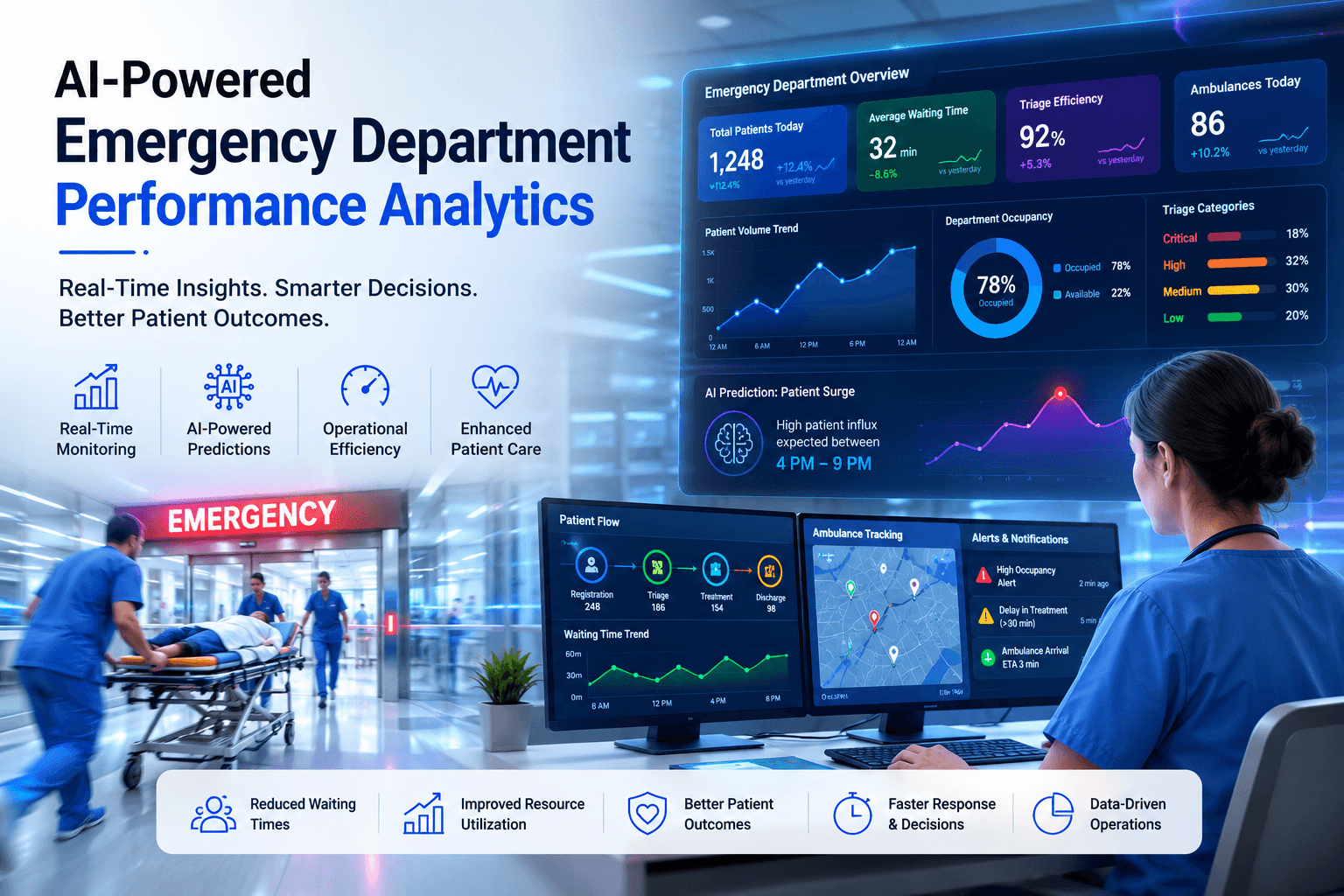 AI-powered emergency department analytics dashboard built with Microsoft Fabric, Power BI, Power Apps, and AI Builder for hospital performance monitoring
