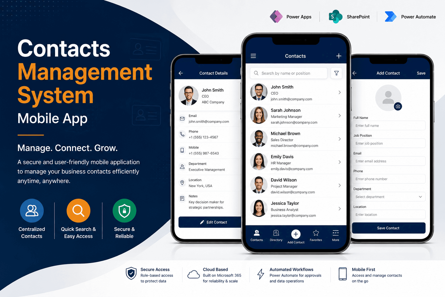 Contacts Management System mobile application powered by Microsoft Power Platform